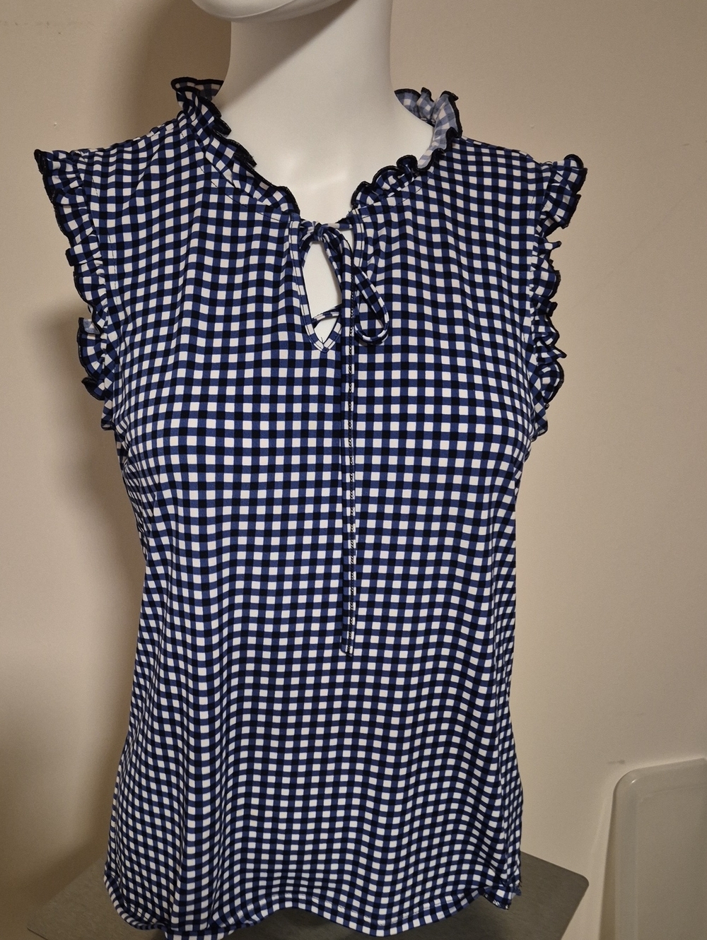 Tommy Hilfiger Navy and White Gingham Ruffle Tie-Front Camisole